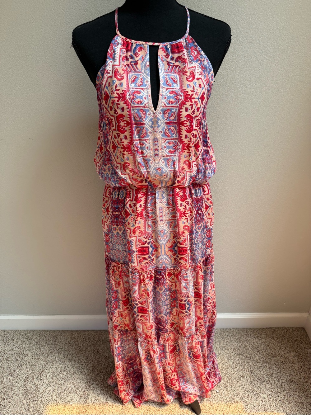 Parker Red & Blue Printed Halter Maxi Dress